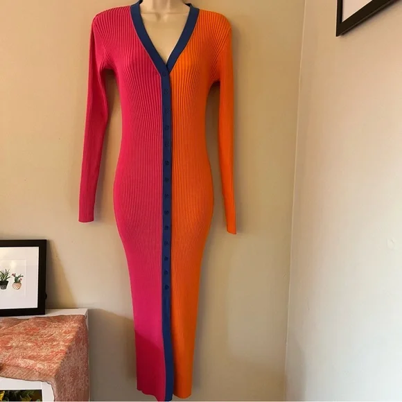 Staud x Birkenstock Pink and Orange Shoko Long Sleeve Midi Dress Medium - Picture 4 of 16